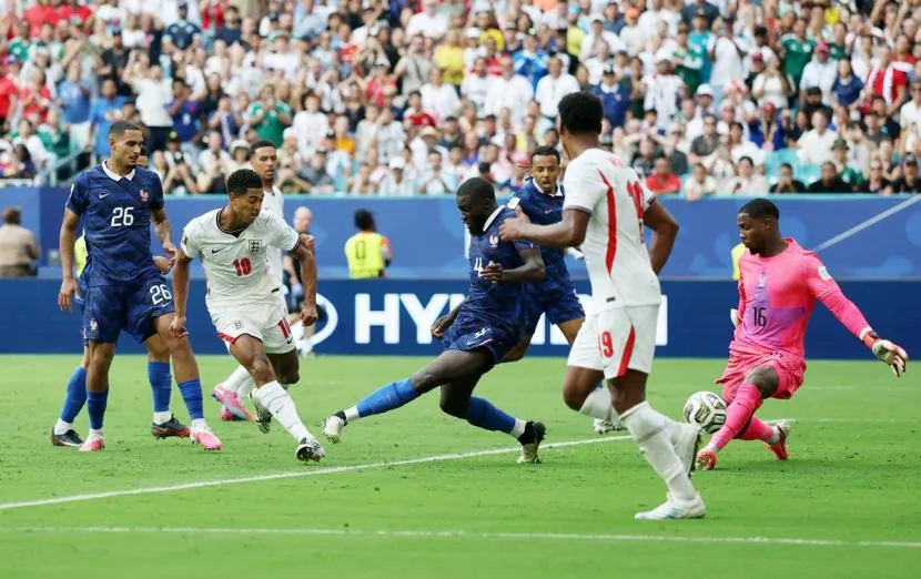 Jude Bellingham scores England's sixth goal during the FIFA World Cup third place play-off match against France at Miami Stadium, Miami Gardens, Florida, on Saturday.
